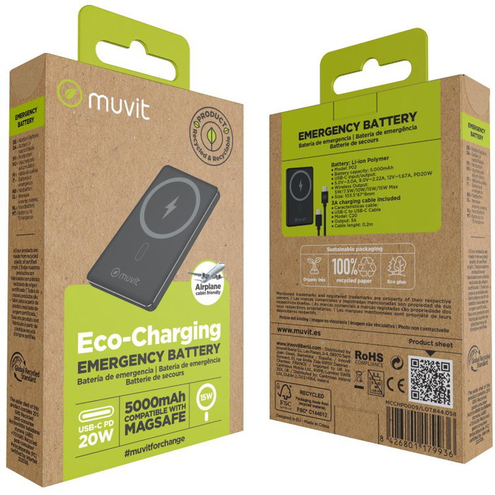 Muvit For Change Powerbank 5000mAh MCCHP0009 Negra con Carga Inalámbrica y USB-C Muvit For Change Powerbank 5000mAh MCCHP0009 Negra con Carga Inalámbrica y USB-C